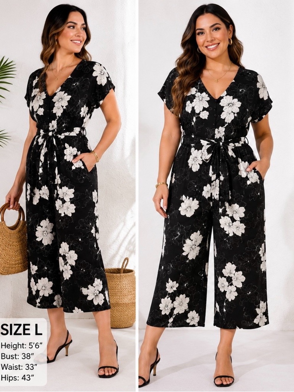 Lulu's Black Floral V-Neck Wide-Leg Jumpsuit L